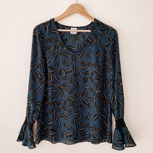 CAbi Teal Leaf-Print Long-Sleeve Blouse with Black Accents